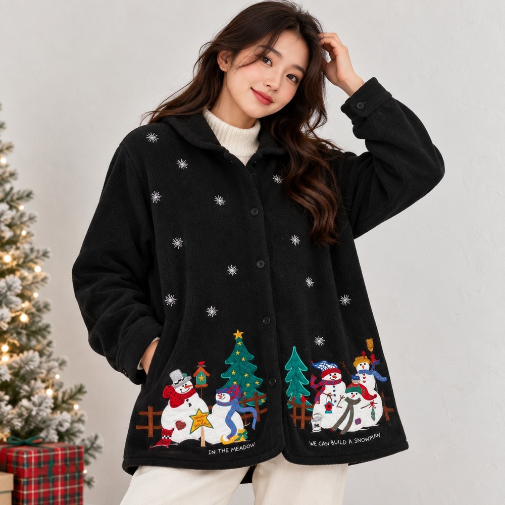 The Quacker Factory Women's Fleece Jacket Holidaycore Black Snowman Embroidery M